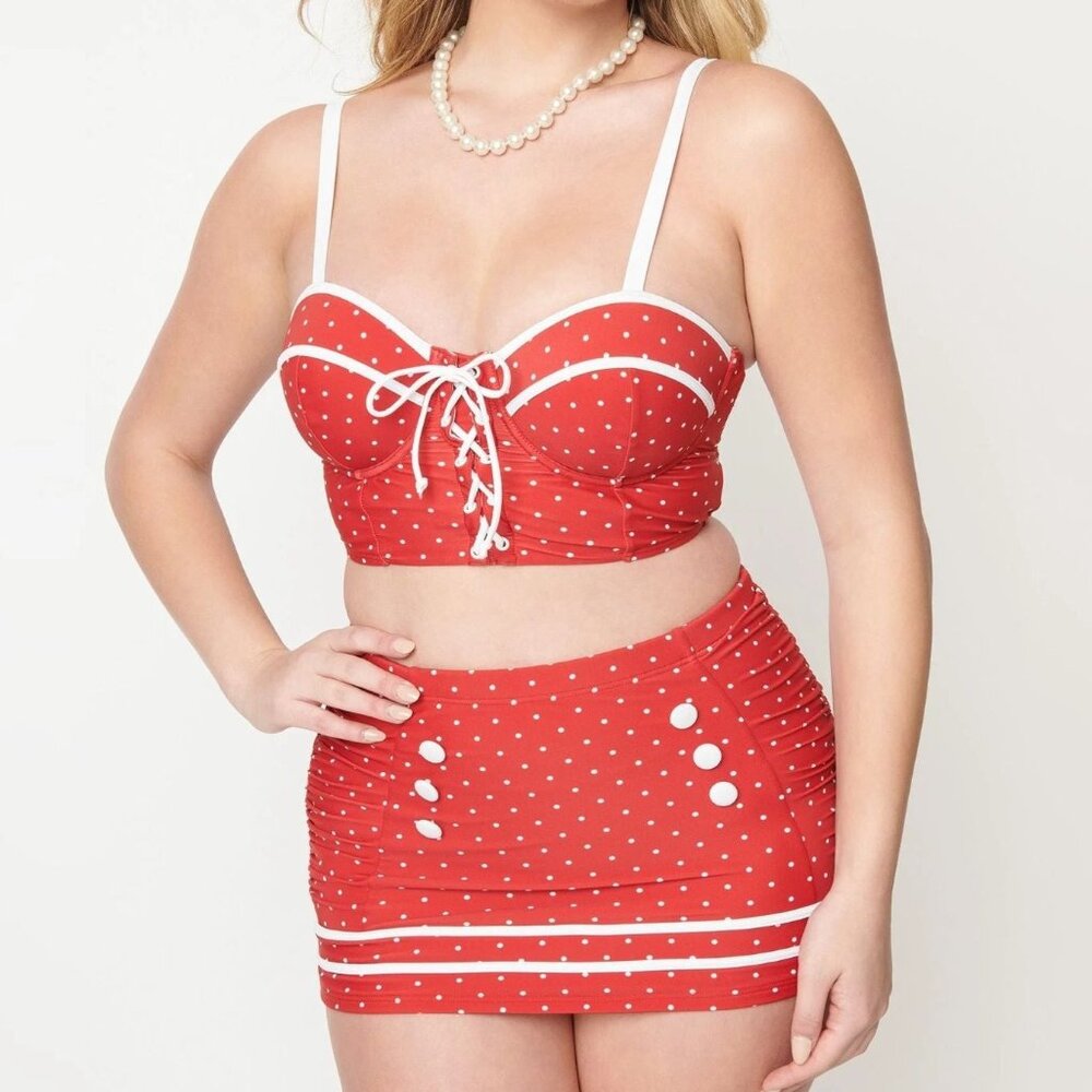 NWT - UNIQUE VINTAGE Red & White Pin Dot 2pc. Swim Set